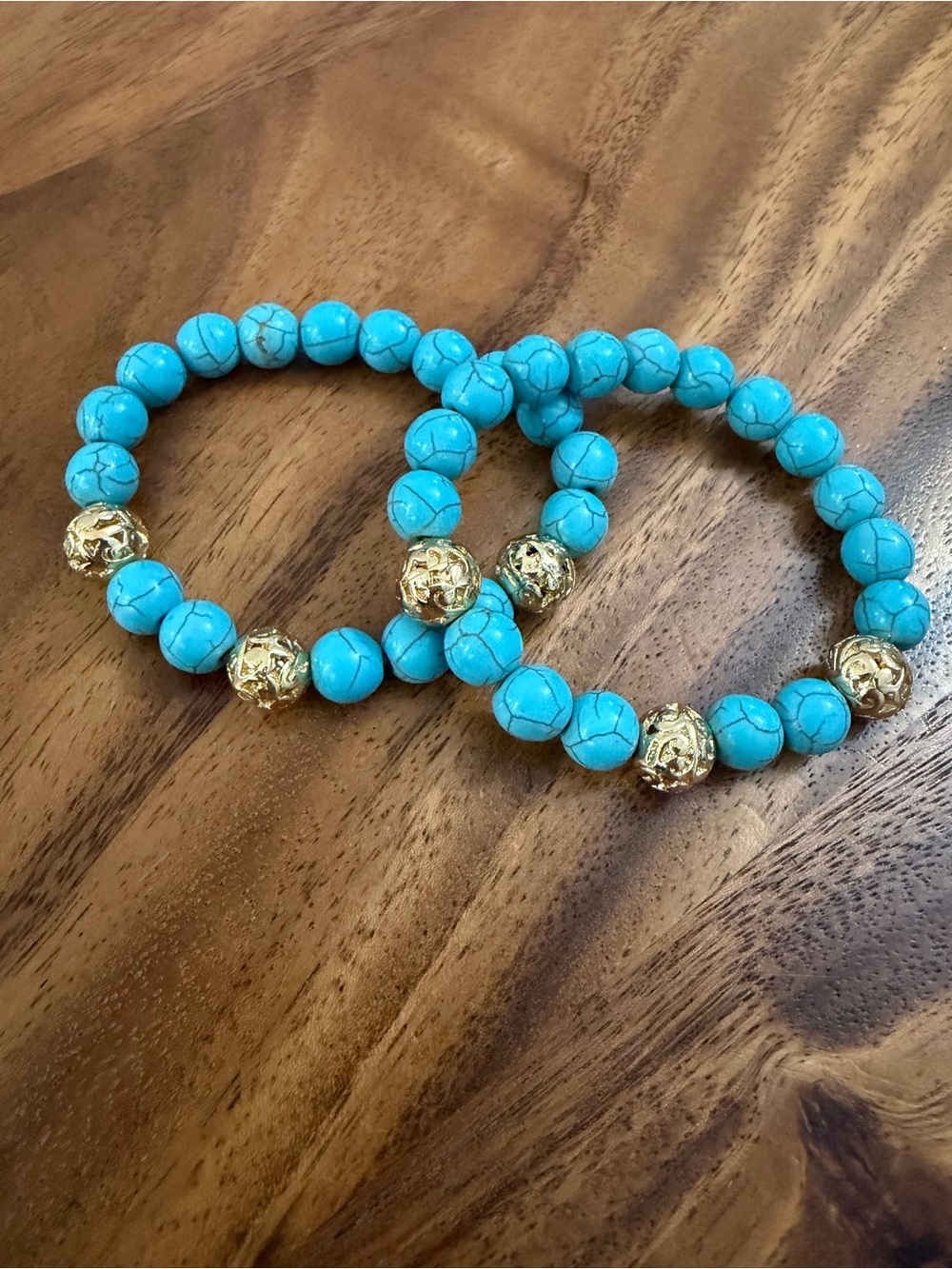 Turquoise Beaded Stretch Bracelet with Gold Accent Beads - Women’s Jewellery